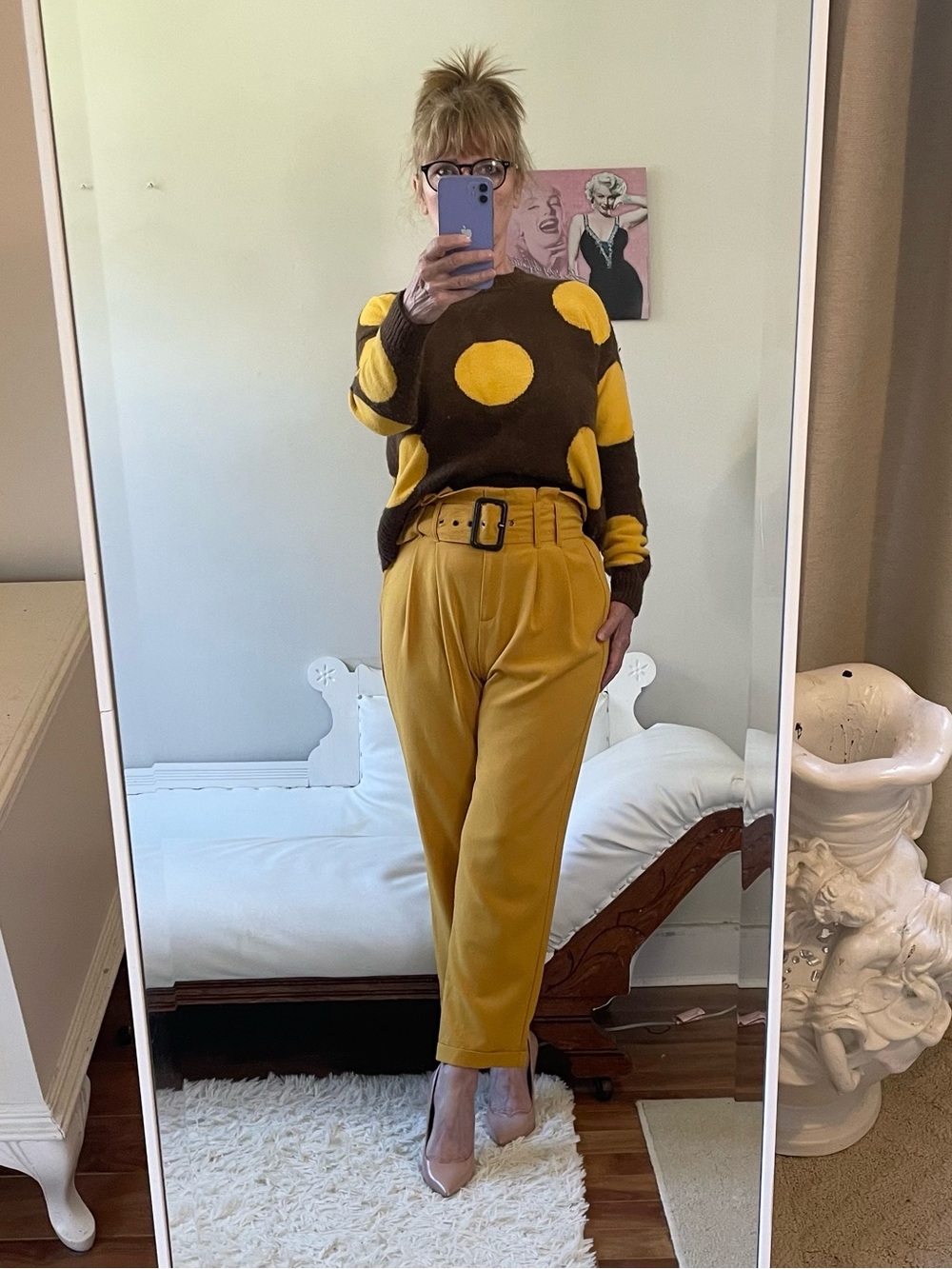 MUSTARD PAPER BAG STRAIGHT LEG PANTS CUFFS ADJUSTABLE BELT HIGH RISE HAUTE MONDE